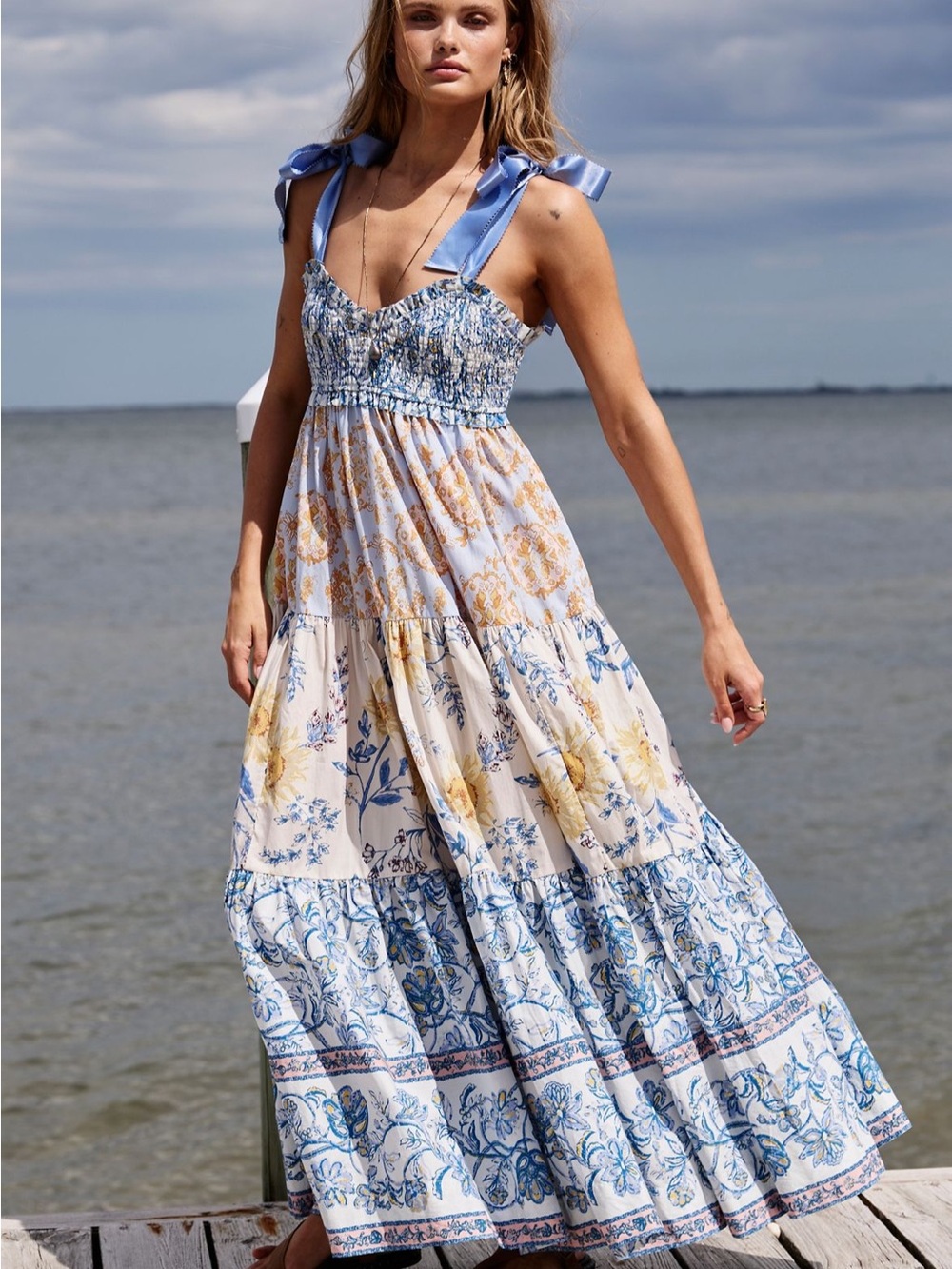 Free People Bluebell Maxi Dress- White Combo Small - Picture 2 of 3